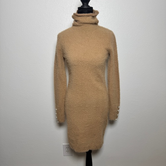 Lovers + Friends Mattia Turtleneck Sweater Dress Pearl Sleeve Cork Brown M - Picture 2 of 6